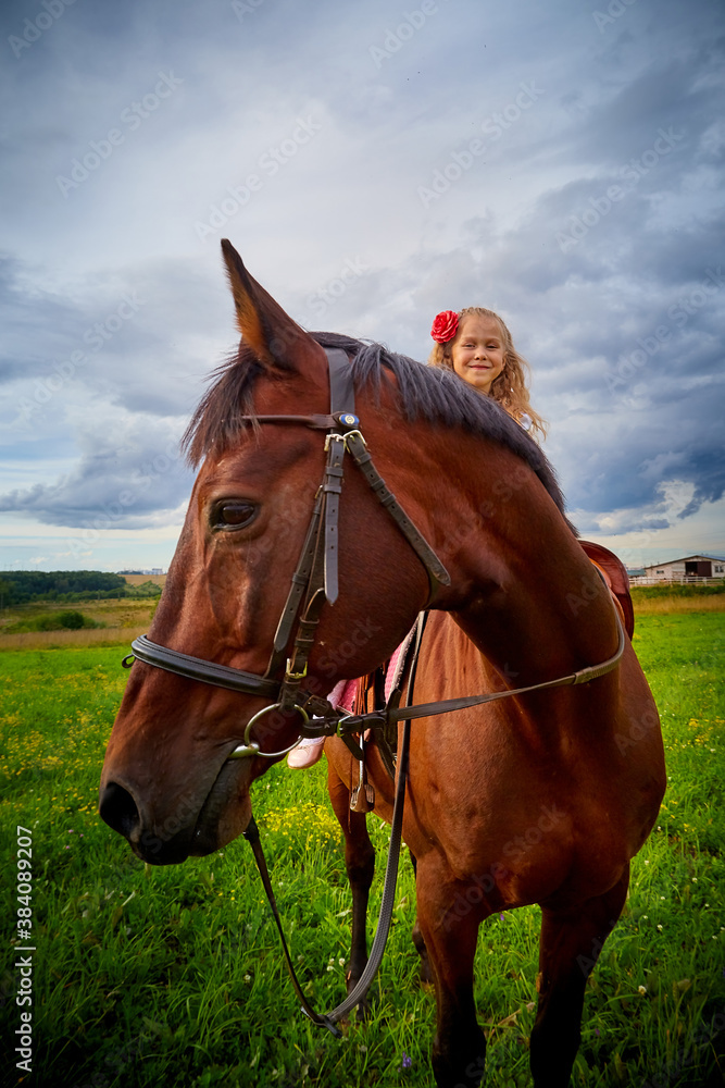 Girl in nice Gypsy dress with sorrel horse in a field with green grass and sky with clouds in background Girl in nice Gypsy dress with sorrel horse in a field with green grass and sky with clouds in background