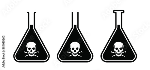 Skull Danger Icons. Glass poison bottle Icon. Poisons Medicine sign. medicine bottle. Flat vector skulls. Pirates skull and crossbones. Venom bottles, container. Halloween concept. Biohazard