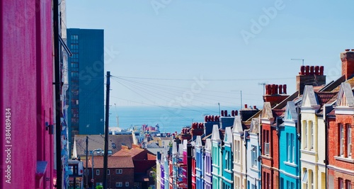 The colourful neighbourhood, Blaker Street, in Brighton. Famous for its colourful houses and the seaview
