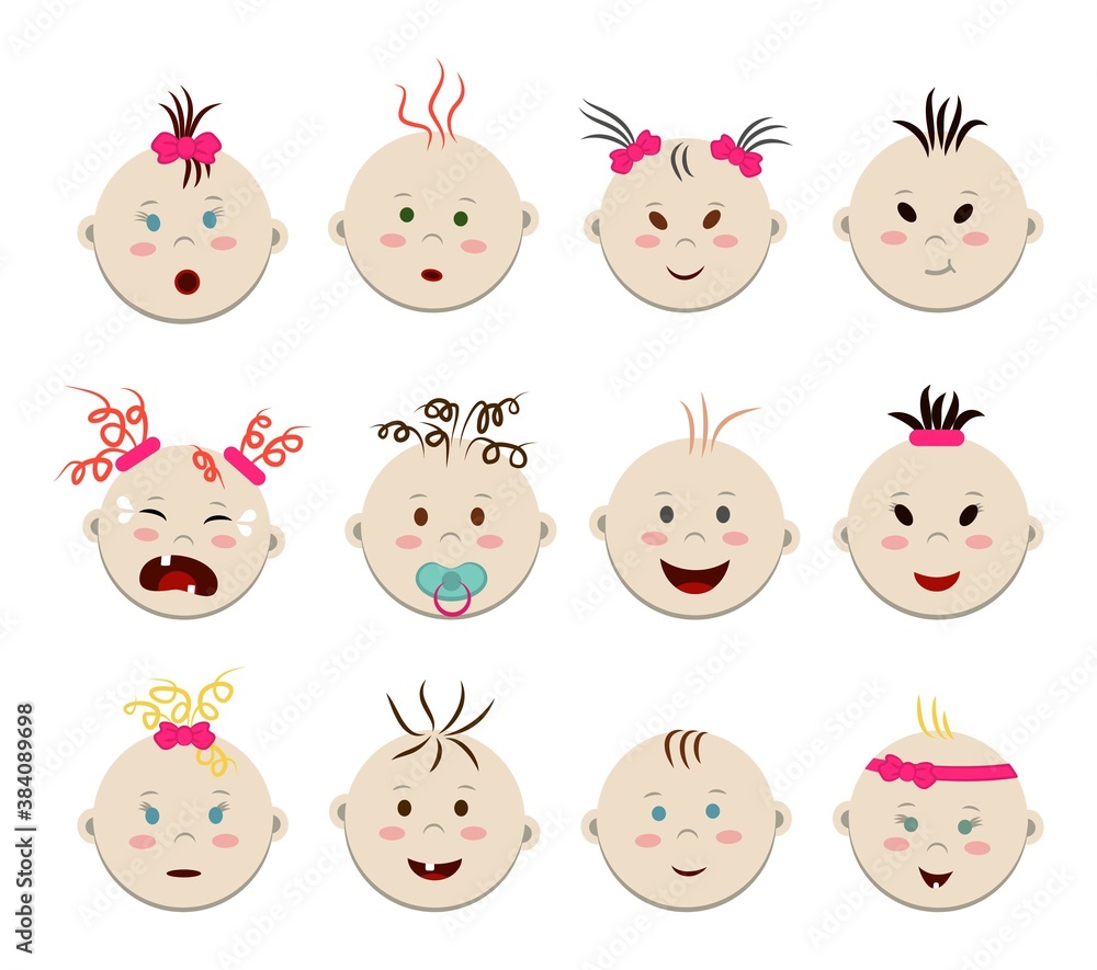 Vector set of light skin children's heads with different facial expressions, hair and eyes. Pattern-texture with round baby faces - emoji Vector set of light skin children's heads with different facial expressions, hair and eyes. Pattern-texture with round baby faces - emoji