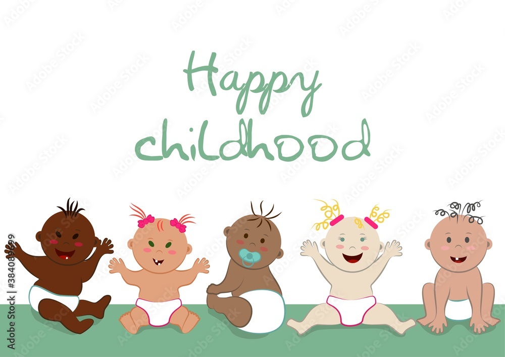 Happy childhood poster. Vector template with copy space of sitting happy multinational naked babies in diapers Happy childhood poster. Vector template with copy space of sitting happy multinational naked babies in diapers