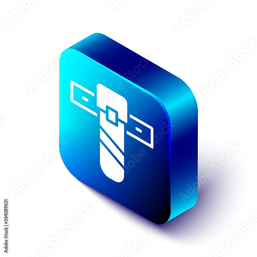 Isometric Knife holster icon isolated on white background. Blue square button. Vector.