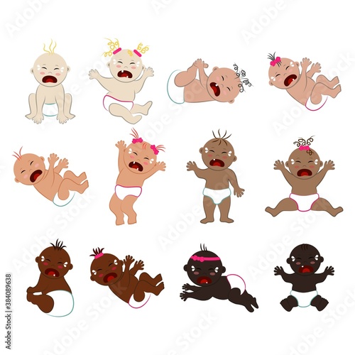 Vector collection of multinational crying naked babies in diapers. Many sad toddlers with different skin and hair colors