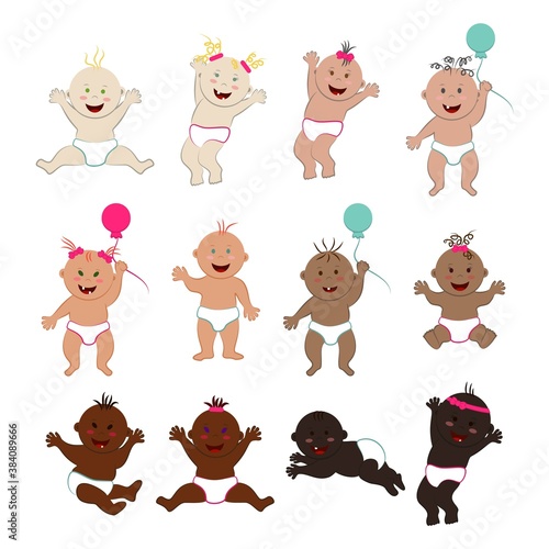 Vector set of laughing and having fun multinational babies isolated on white background. Lots of funny toddler boys and  toddler girls with different skin, hair and eye colors