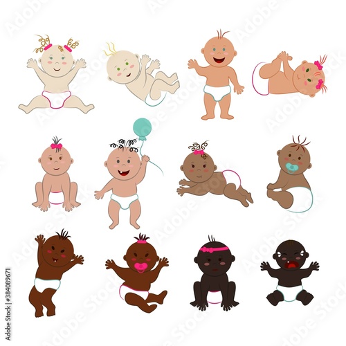Vector set of different multinational babies in different poses. Many little naked boys and girls in diapers with varied skin, hair and eyes