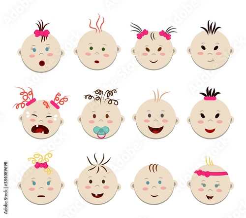 Vector set of light skin children's heads with different facial expressions, hair and eyes. Pattern-texture with round baby faces - emoji