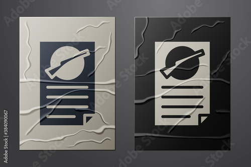 White Firearms license certificate icon isolated on crumpled paper background. Weapon permit. Paper art style. Vector.