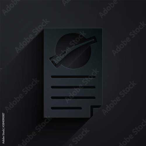 Paper cut Firearms license certificate icon isolated on black background. Weapon permit. Paper art style. Vector.