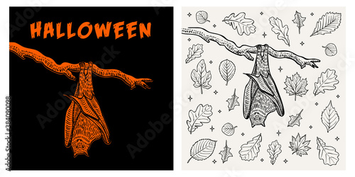 Halloween bat vintage retro poster vector illustration gift card, print