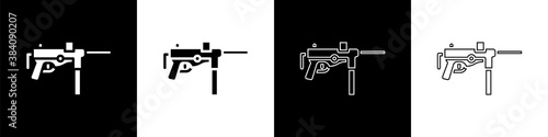 Set Submachine gun M3, Grease gun icon isolated on black and white background. Vector.