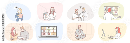 Business, meeting, partnership, brainstorming, meditation, communication, teamwork set concept. Collection businessmen women clerks managers work together planning strategy talking online illustration