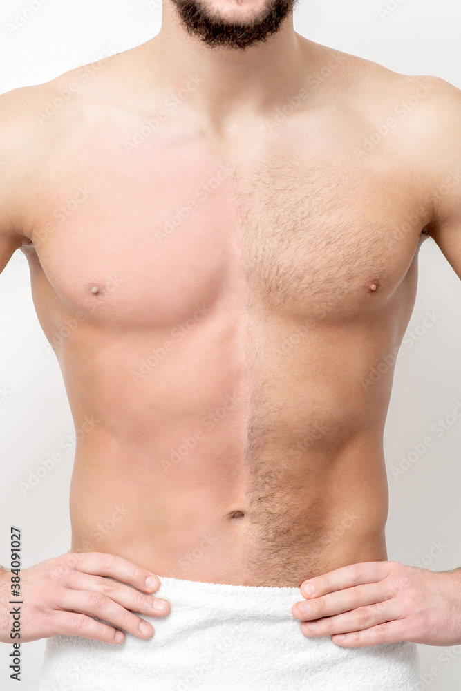 Young caucasian man with bare chested before and after waxing his hair stands on white background