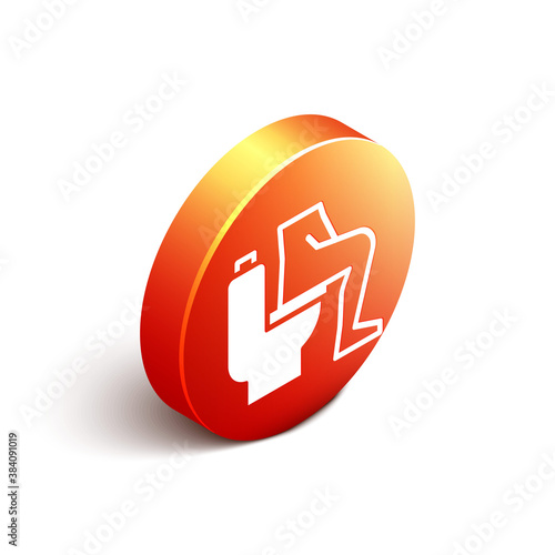 Isometric Men sitting on the toilet and Constipation are experiencing severe abdominal pain icon isolated on white background. Orange circle button. Vector.