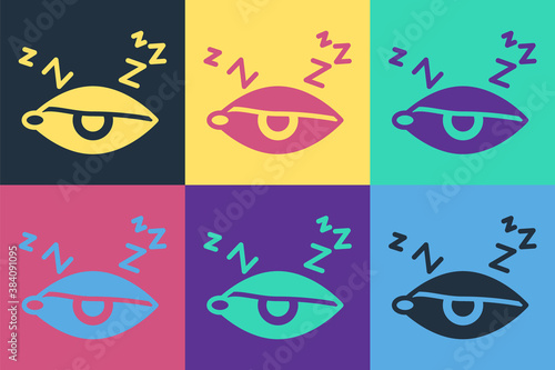 Pop art Insomnia icon isolated on color background. Sleep disorder with capillaries and pupils. Fatigue and stress. Vector.