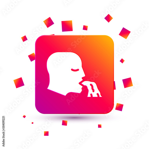 White Vomiting man icon isolated on white background. Symptom of disease, problem with health. Nausea, food poisoning, alcohol poisoning concept. Square color button. Vector.