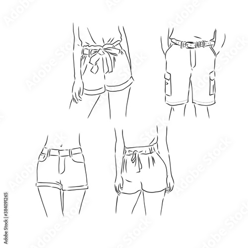 Vector illustration of pants. Front and side views., shorts, vector sketch illustration