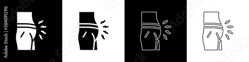 Set Abdominal bloating icon isolated on black and white background. Constipation or diarrhea. Vector.