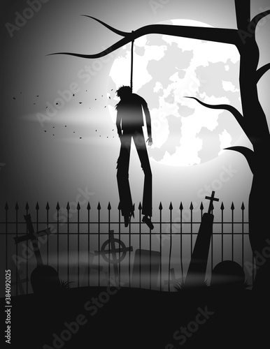 Dead man hanged from a tree in the old cemetery