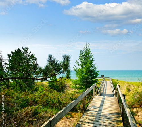 Wooden walkway over dunes at beach