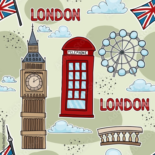 Foto Seamless pattern depicting London landmarks: telephone box, British flag, London Eye