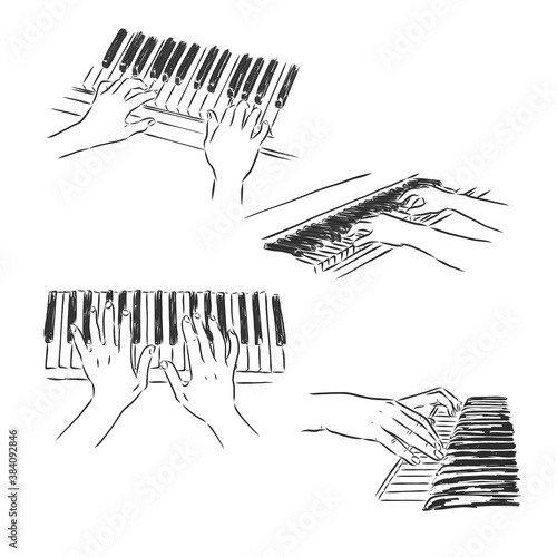 Hands and piano keys engraving vector illustration. Scratch board style imitation. Black and white hand drawn image.playing the piano, vector sketch illustration