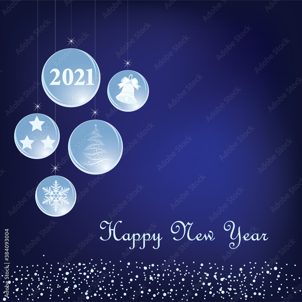 Happy New Year 2021. Christmas background with elements of holiday decorations for greeting card, poster, festive pattern with xmas baubles. Vector illustration