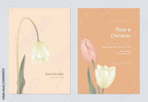 Floral wedding invitation card template design, yellow and pink tulip flowers with lives
