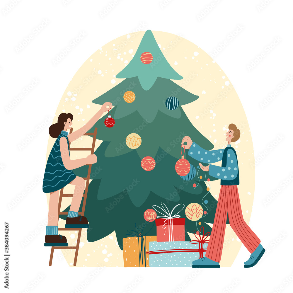 Men and women decorating Christmas tree. Merry Xmas Holiday Party. Characters Celebrating New Year Eve. Winter Christmas scenery. Men and women decorating Christmas tree. Merry Xmas Holiday Party. Characters Celebrating New Year Eve. Winter Christmas scenery.