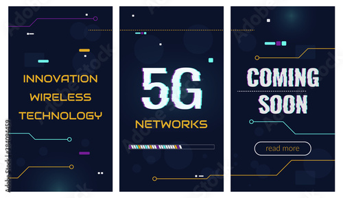 Concept, fifth generation networks, new technologies, 5G mobile wireless communication. Vector set of abstract banners in digital techno style. Dark blue background with computer elements. Copyspace.
