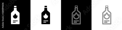 Set Tabasco sauce icon isolated on black and white background. Chili cayenne spicy pepper sauce. Vector.
