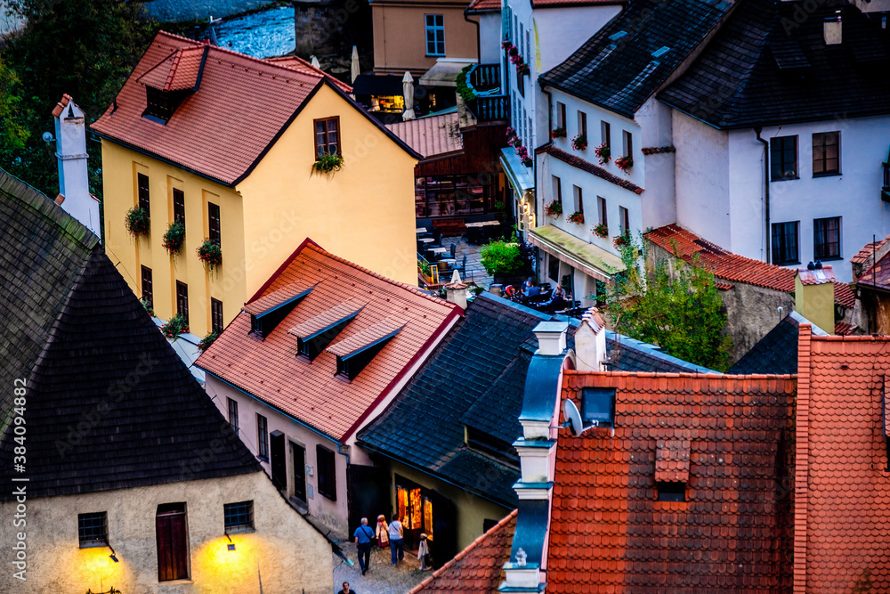 Top view of beautiful architecture of Cesky Krumlov streets
