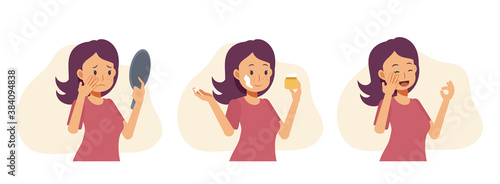 Flat cartoon character vector illustration of Beautiful woman is worried about skin ,acne, pimples, blackheads and healthy skin. Using Face mask, cream and getting good result.