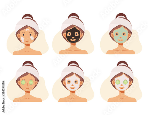 Flat cartoon character vector illustration of woman faces with facials. face skin care. clay masks, alginate masks.
