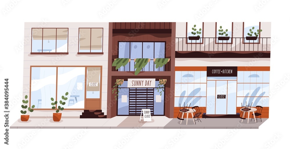 City cafe during lockdown. Bankruptcy of small business. Financial crisis  concept. Empty street with exterior of closed shops, restaurant, coffee  house. Flat vector cartoon illustration Stock Vector | Adobe Stock