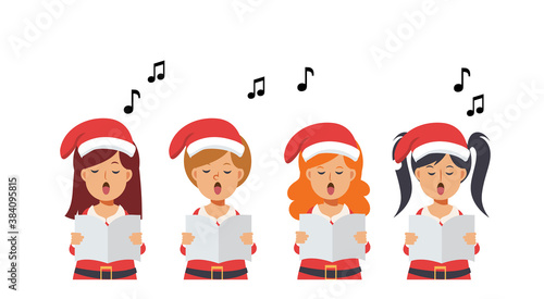 Vector of cute Cartoon character , group of girls are singing Christmas carols. Merry christmas. illustrations Isolated on white background.