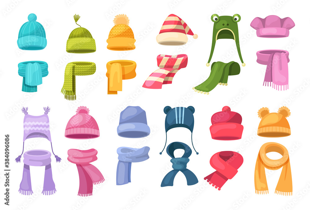 Cute knitted warm autumn and winter clothing. Warm kids boy and girl hats and scarves. Headwear and accessories, children clothes accessory for cold weather vector - obrazy, fototapety, plakaty 