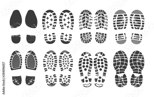 Human footprint. Footwear steps silhouette, shoes, boots, sneakers footstep print of men and women, textured steps. Dirty shoes print, shoes footprints on asphalt and ground, step silhouette