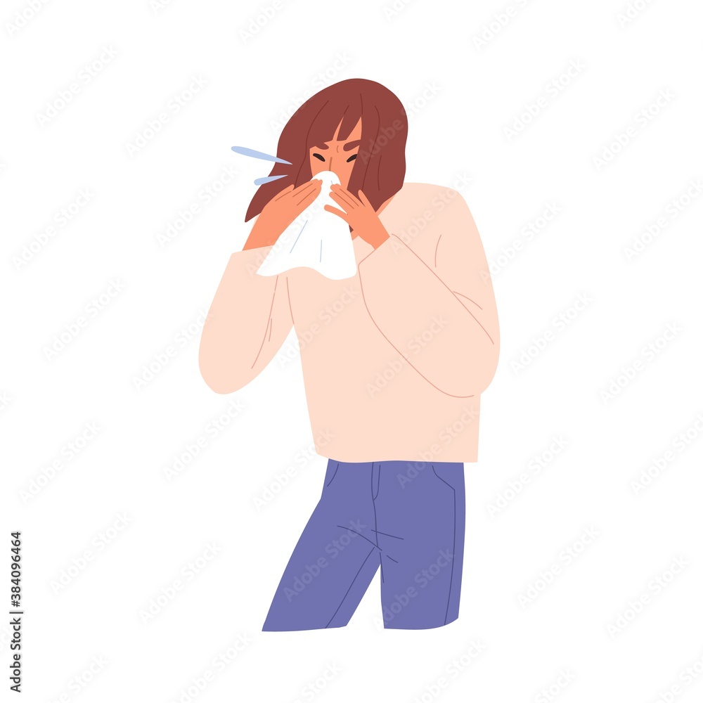 Sick unhealthy allergic sneezing woman. Female character blowing nose into  handkerchief. Symptom of cold, coronavirus, grippe or seasonal disease,  infection. Flat vector cartoon illustration on white Stock Vector | Adobe  Stock