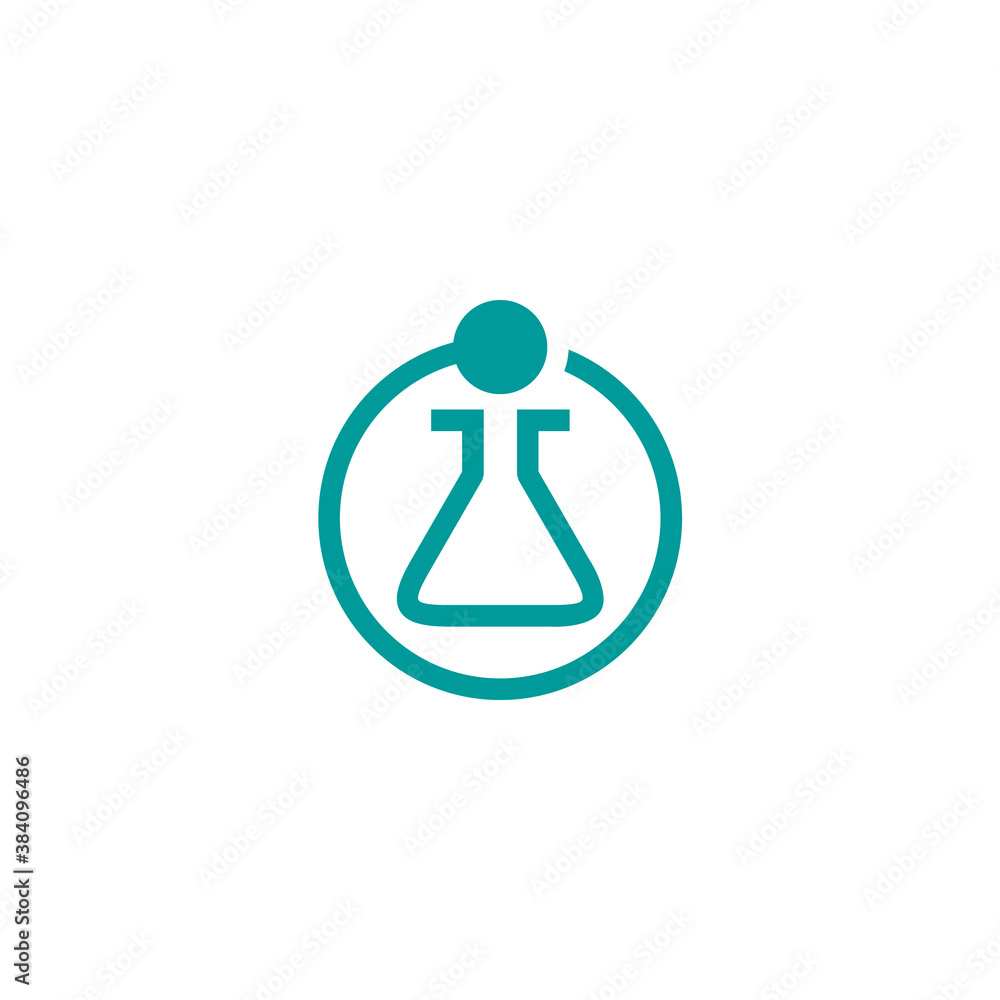 a triangular beaker logo with a circle orbiting a triangular beaker logo with a circle orbiting