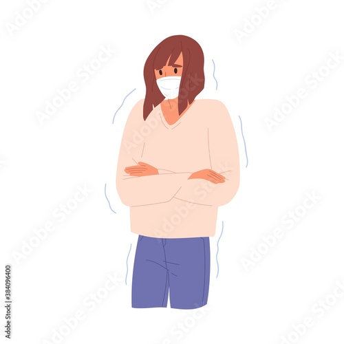 Young adult shivering woman with fever or cold disease. Female character in face mask. Symptom of seasonal sickness, SARS, influenza or covid 19. Flat vector cartoon illustration on white background