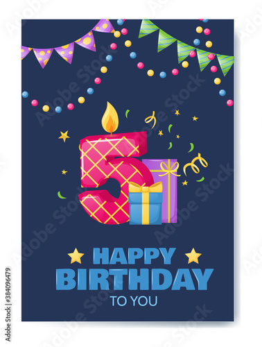 Birthday anniversary number candle. Cheerful celebration gift card with burn candle for cake, birthday number five, holiday decoration. Candle in form of number box with gift for birthday poster
