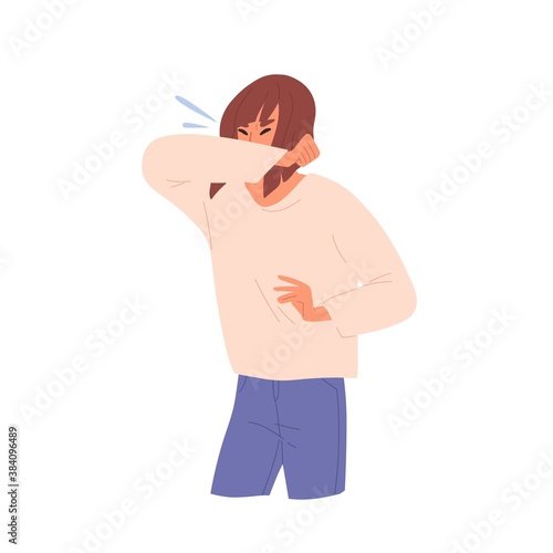 Sick unhealthy woman sneezing. Female character has allergy, cold, coronavirus, grippe, infection. Respiratory viral illness, seasonal disease. Flat vector cartoon illustration on white background.
