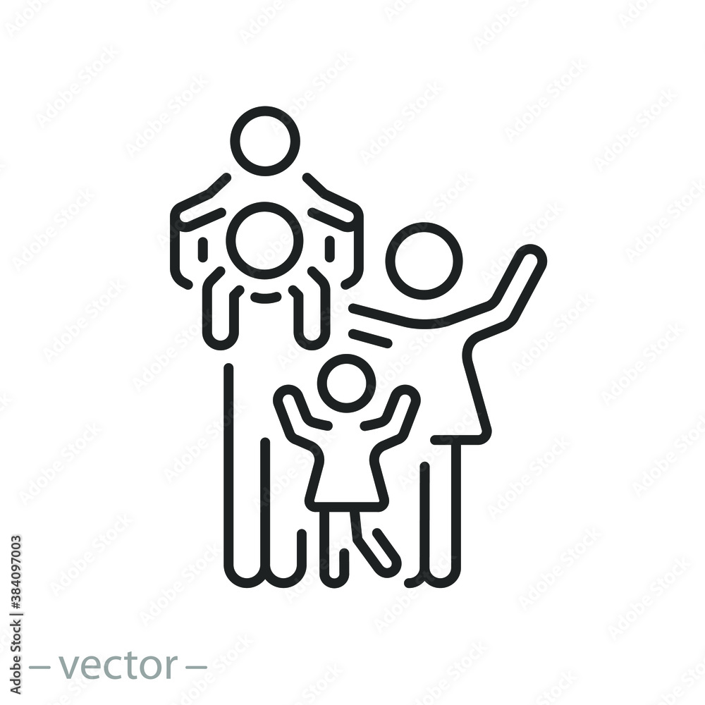 happy parents with children icon, good family concept, father with mother daughter and son, care for kids, thin line web symbol on white background - editable stroke vector illustration eps10
happy parents with children icon, good family concept, father with mother daughter and son, care for kids, thin line web symbol on white background - editable stroke vector illustration eps10