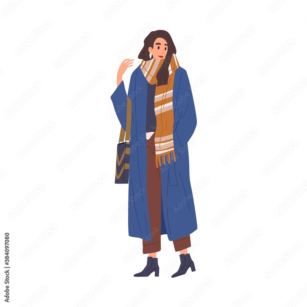 Beautiful fashionable young woman in casual outerwear. Stylish warm seasonal wear. Modern female character in blue stylish coat, pants, scarf. Flat vector cartoon illustration on white background