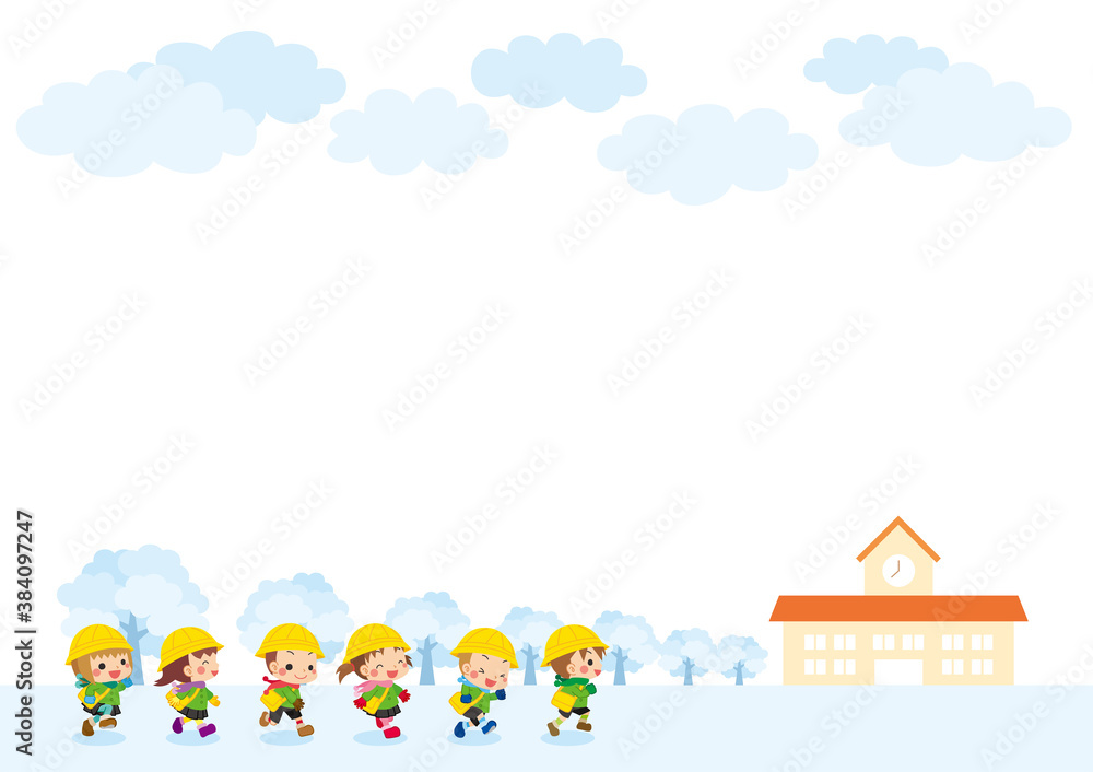 雪景色の中　幼稚園を目指して走り出す可愛い幼稚園児キッズグループのイラスト