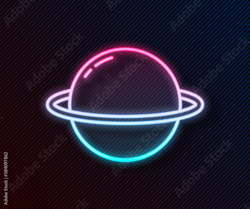 Glowing neon line Planet Saturn with planetary ring system icon isolated on black background. Vector.