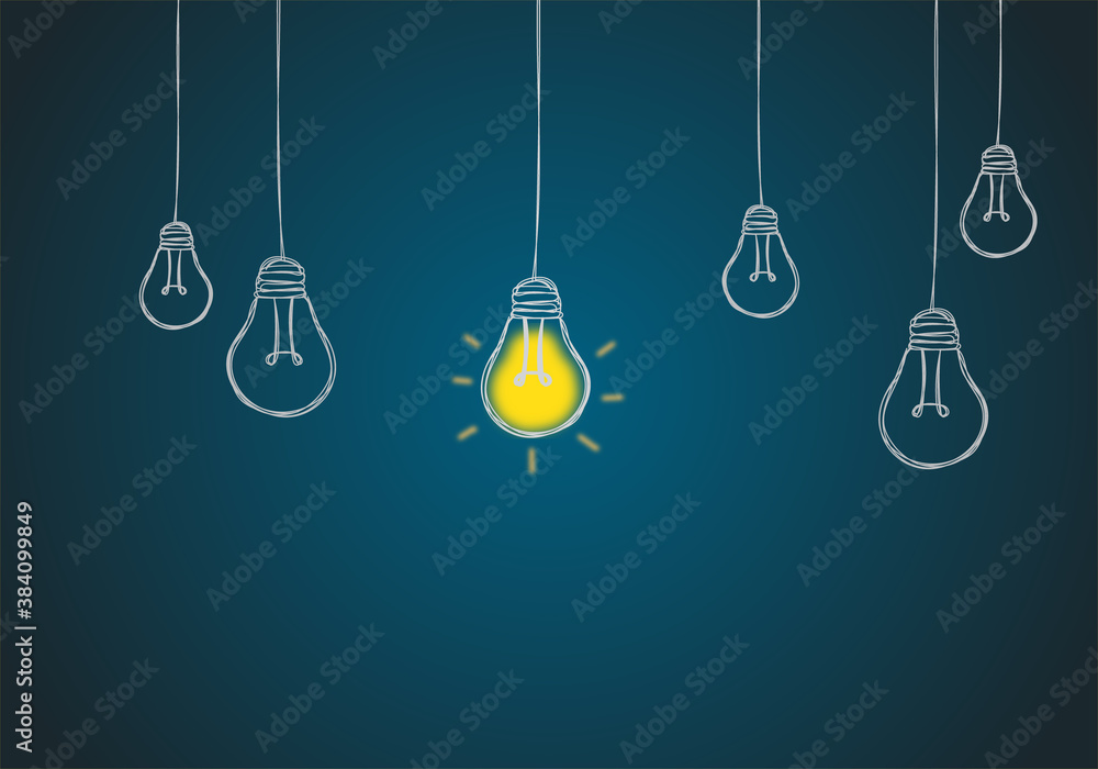 Vector illustration of  Idea Light Bulb with one glowing on blue background, Education concept.