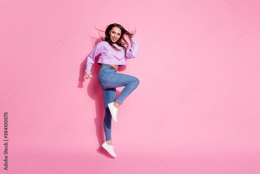 Full size photo of positive cheerful girl enjoy rejoice discount lottery win jump raise fists scream yes wear style stylish pullover isolated over pastel color background Full size photo of positive cheerful girl enjoy rejoice discount lottery win jump raise fists scream yes wear style stylish pullover isolated over pastel color background