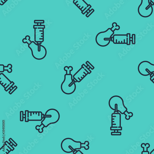 Black line Gmo research chicken icon isolated seamless pattern on green background. Syringe being injected to chicken. Vector.