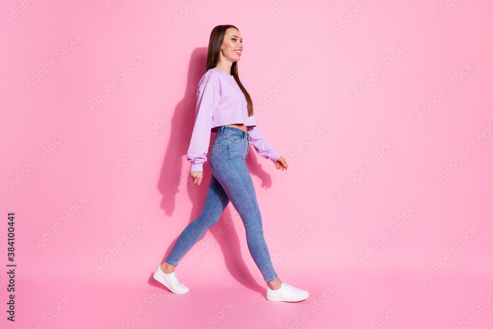 Full body profile side photo of nice attractive friendly girl go walk look good copyspace meet friend holiday weekend isolated pink color background Full body profile side photo of nice attractive friendly girl go walk look good copyspace meet friend holiday weekend isolated pink color background